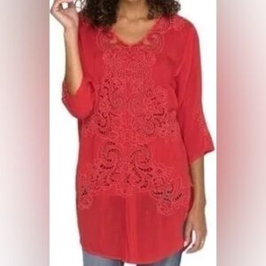 Johnny Was Arlene appliqué Red Lace Tunic top with scoop neck 3/4 sleeves